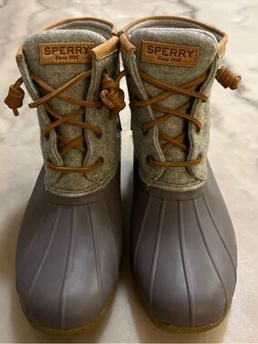Sperry Light Gray Wool-Lined Duck Boots with Brown Trim